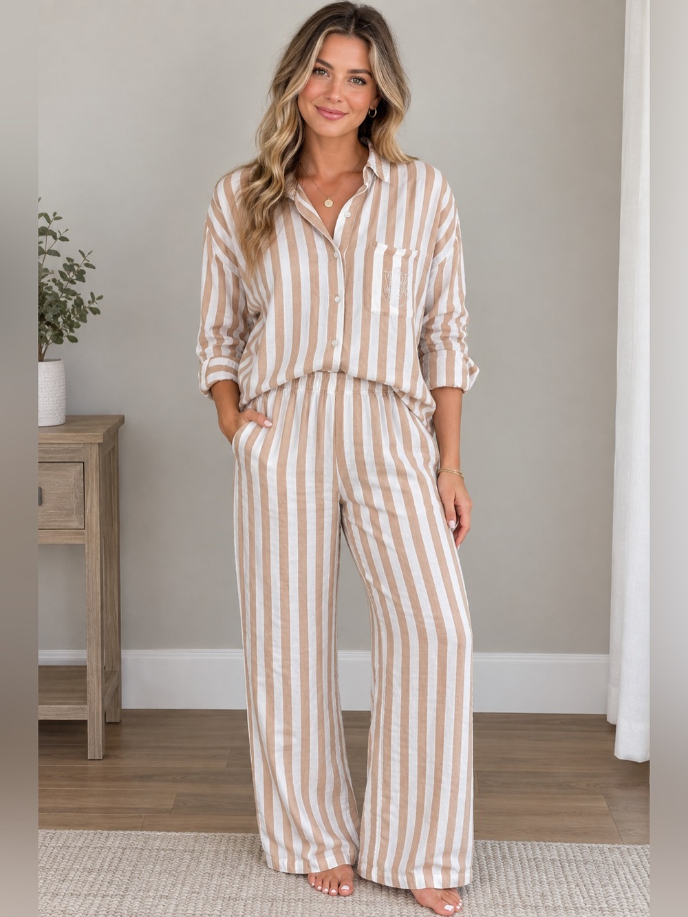 Victoria Secret Striped Wide-Leg Pajama Set- Beige & White